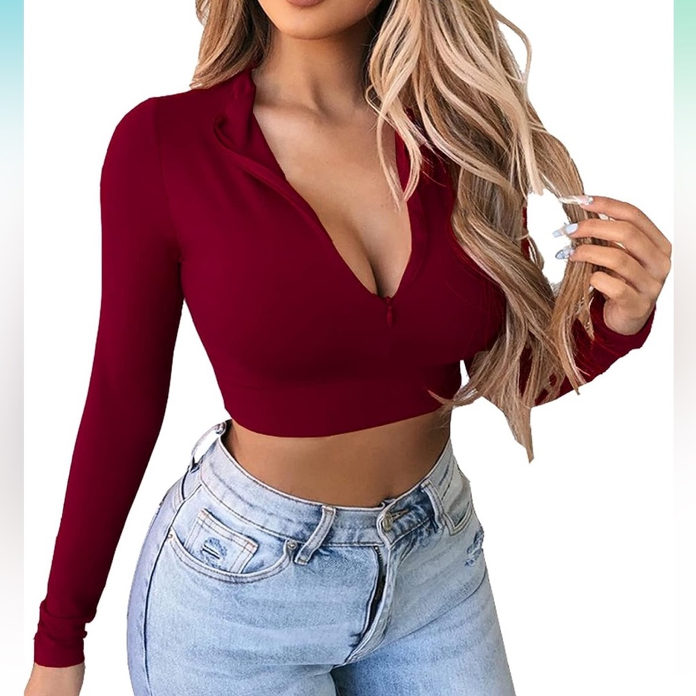 Long Sleeve Quarter Zip Crop Tops Fleece Lined V Neck Fitted Sexy Cropped Shirt